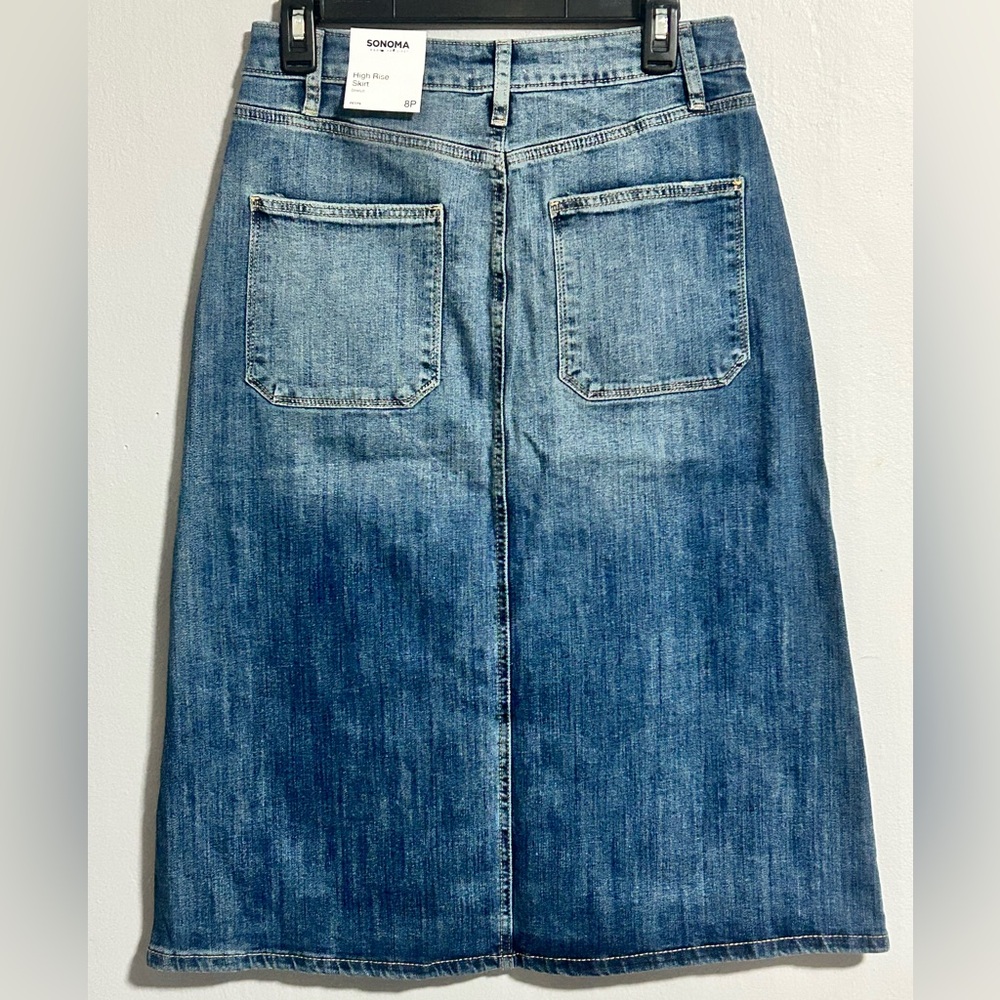 Blue Denim Button Down High Rise A-Line Skirt w/ pockets - Picture 2 of 10